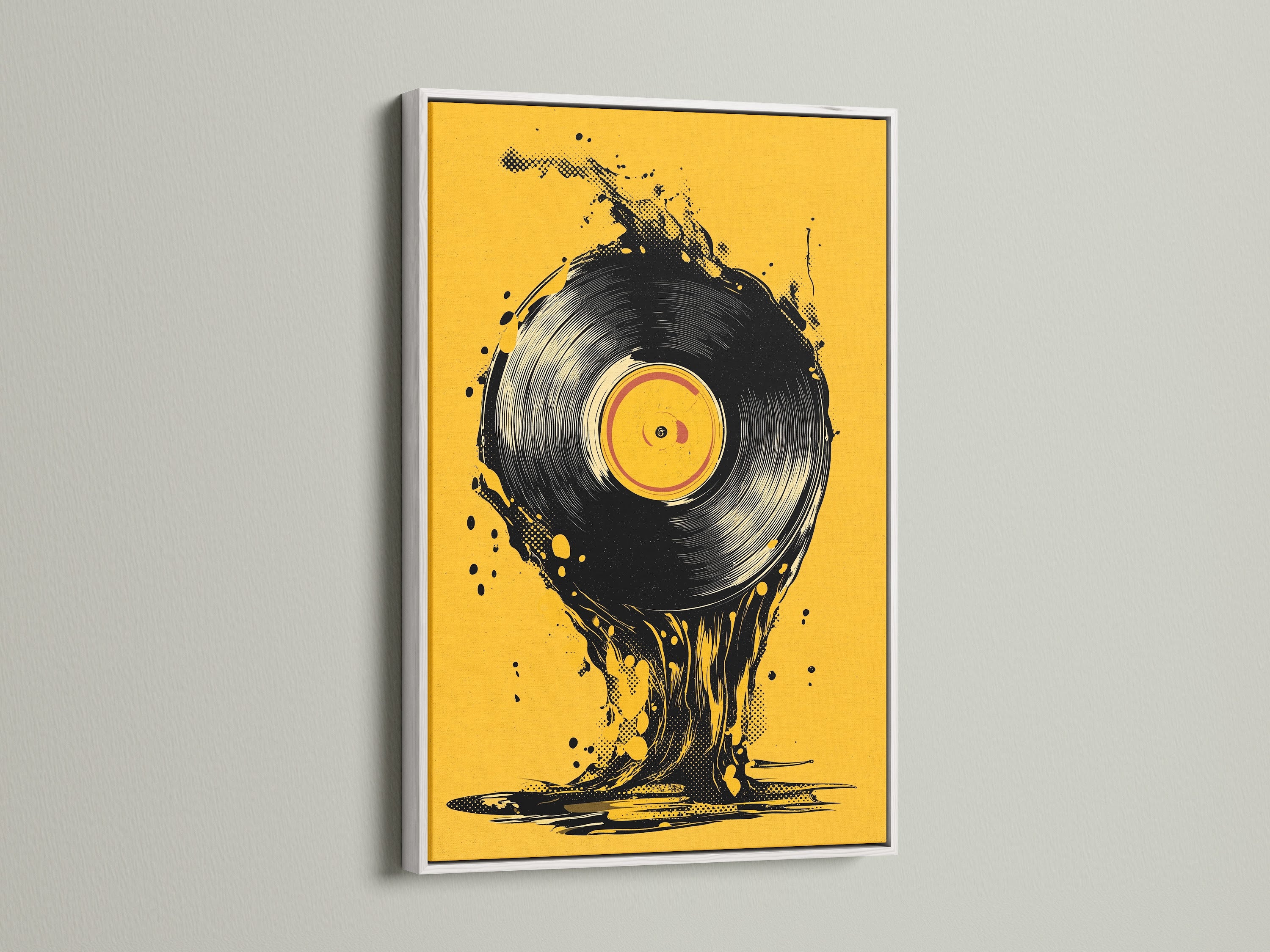 A white frame beautifully displays a vinyl record artwork. The clean white finish offers a modern touch. It allows the artwork to stand out. A white frame is a versatile choice to complement any interior decor style.