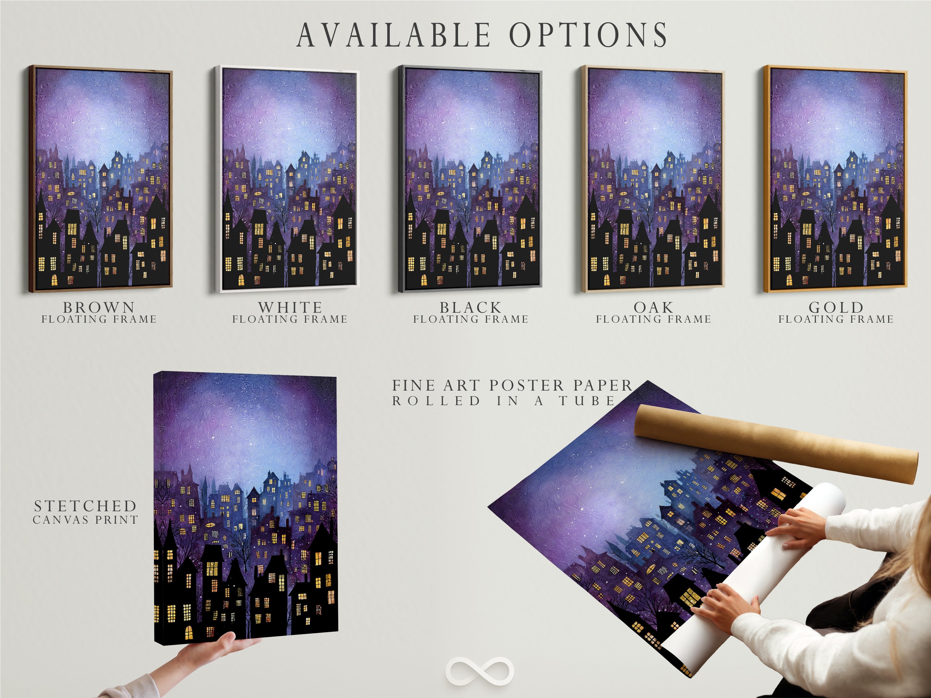 Available options are showcased. Stretched canvas print is shown. Fine art poster paper is presented. A floating frame option is displayed. Choose the perfect format to display your favorite artwork. We offer a variety of options to suit your style. Each option enhances the artwork. It will bring beauty to your space.