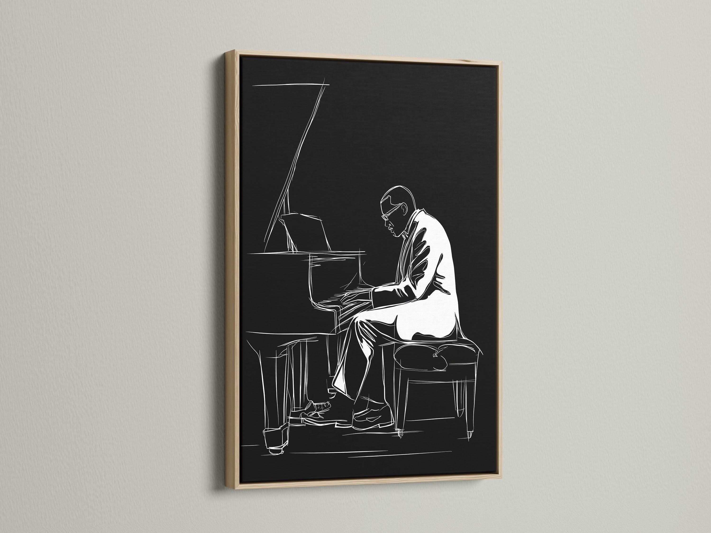 Black and White Jazz Piano Art in an oak frame. This minimalist musician wall art brings a touch of music to any room. The piano player print is perfect for music room decor. The oak frame enhances the contemporary artwork. A great piece for jazz art lovers.