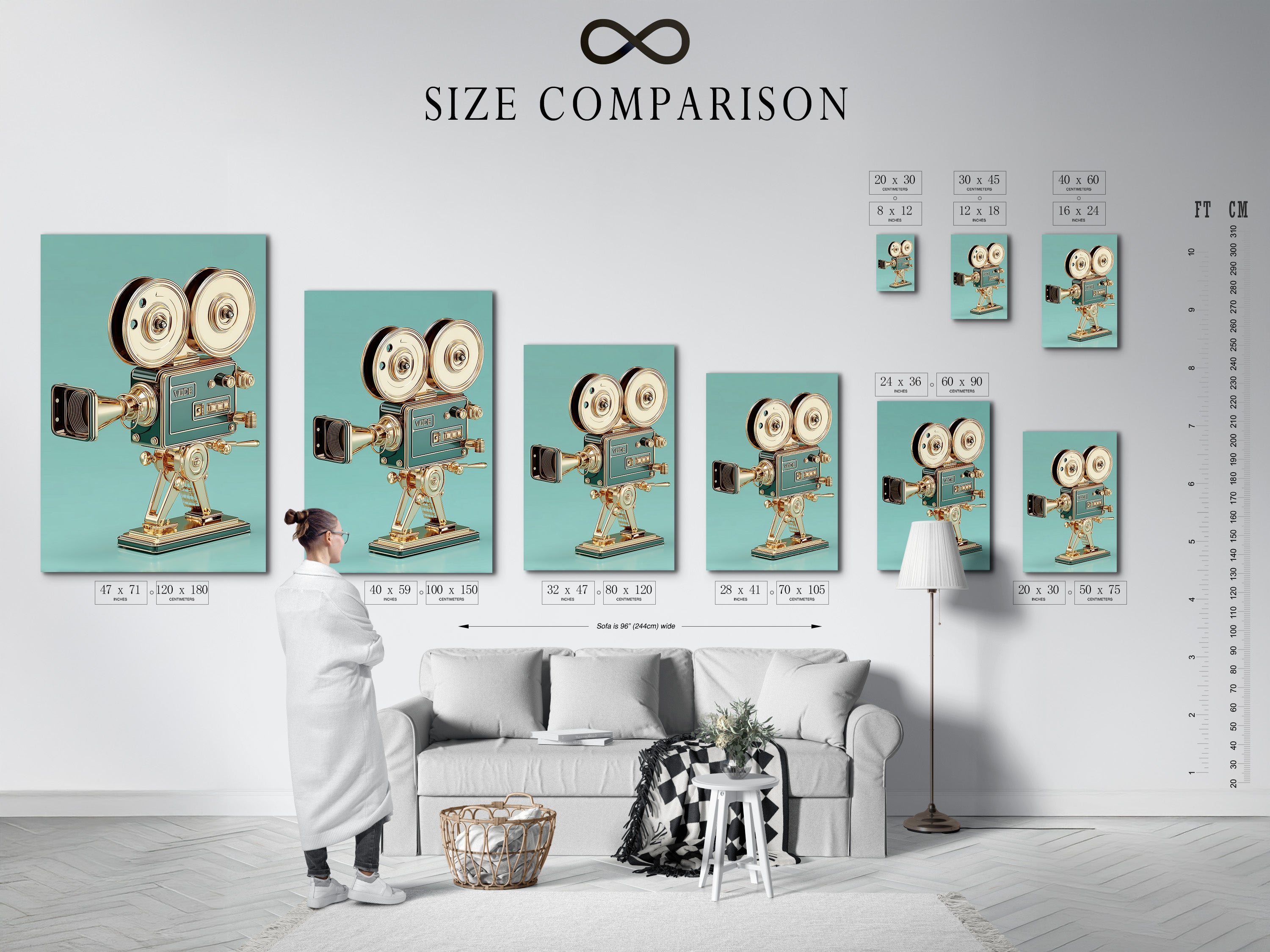 This is a size comparison chart displayed in an interior setting. The chart helps visualize the different sizes available for the artwork. This provides a clear understanding of how each size will fit in a room. It makes it easier to choose the perfect size. The interior setting gives context to the chart's purpose.
