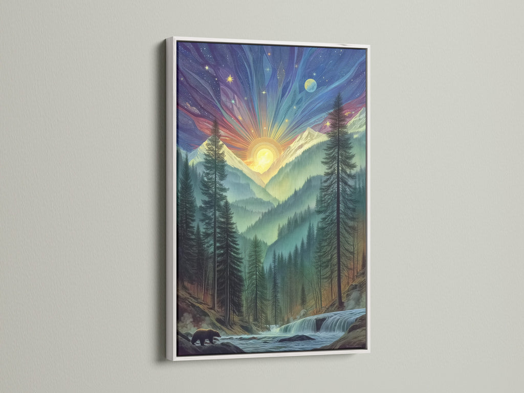 A white frame highlights this cosmic landscape art. The nature canvas print brings a serene sunrise to your wall. Enhance your space with forest wall decor. A calming piece.