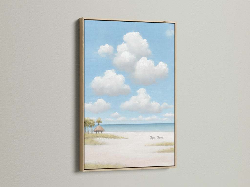 This is a beach scene artwork in an oak frame. Coastal wall art brings the ocean view inside. The seascape print creates a calming atmosphere. Perfect for any room.
