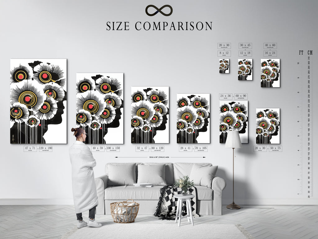 A size comparison chart in an interior setting showcases various sizes of the abstract floral artwork. Available as a stretched canvas print fine art poster. Black white and gold artwork for office decor. Visualize the perfect fit for your modern home.