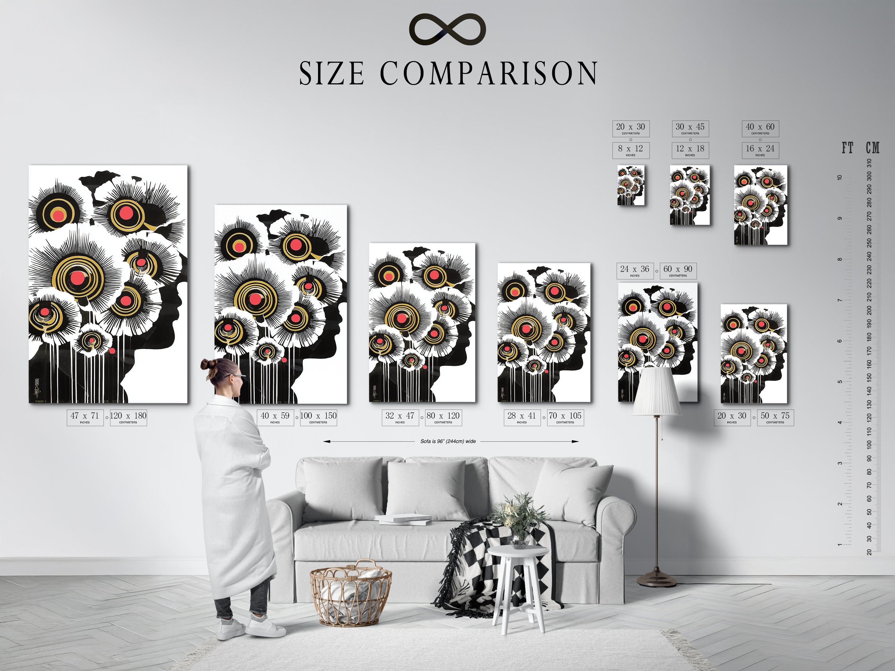 A size comparison chart in an interior setting showcases various sizes of the abstract floral artwork. Available as a stretched canvas print fine art poster. Black white and gold artwork for office decor. Visualize the perfect fit for your modern home.