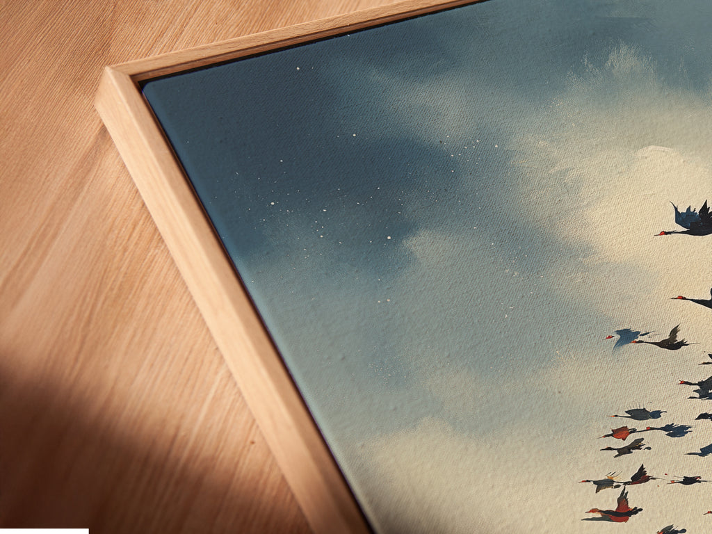 Close-up of the Birds in Flight canvas print in a floating frame. This contemporary framing style adds depth to the artwork. The floating frame enhances the rustic nature print. See the fine details of this autumn landscape. Ideal for showcasing this beautiful bird artwork.