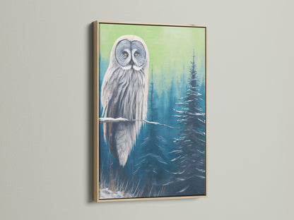 Owl canvas print with an oak frame. This nature print brings the beauty of the winter forest into your home. Perfect for cabin wall decor. The oak frame enhances the artwork's natural feel.