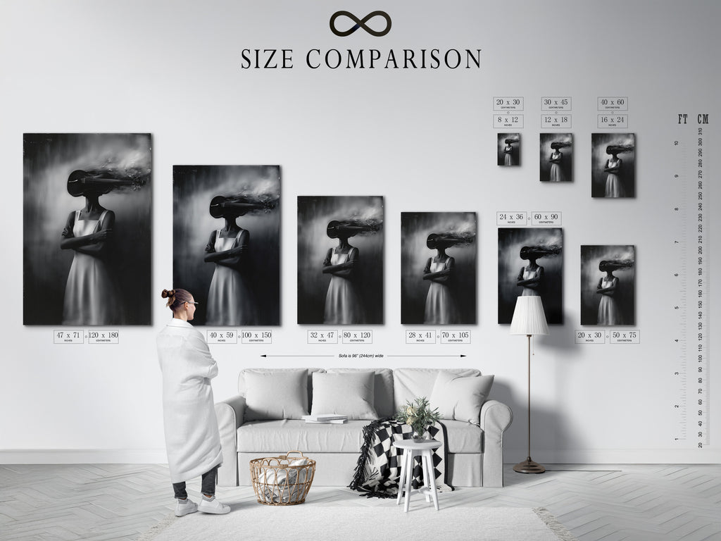 A size comparison chart in an interior setting. See how the surreal woman artwork fits. The black and white photography will enhance your space. Choose the perfect size for your fine art print today
