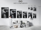 A size comparison chart in an interior setting. See how the surreal woman artwork fits. The black and white photography will enhance your space. Choose the perfect size for your fine art print today