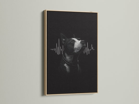 A close-up showcases a dog heartbeat art print in an oak frame. The artwork's modern style makes it suitable for a vet clinic or pet lover's home. This framed art offers a warm touch.