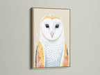 View the owl artwork in an oak frame. This bird canvas adds a touch of nature to any room. It enhances scandi decor beautifully. Ideal for animal print lovers seeking neutral tones in their owl artwork.