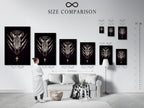Size comparison chart displayed in an interior setting showcasing the Zebra Celestial artwork. See how this gothic animal art fits in your home. Choose the perfect size for your bedroom wall art. Explore the options for dark wall decor.