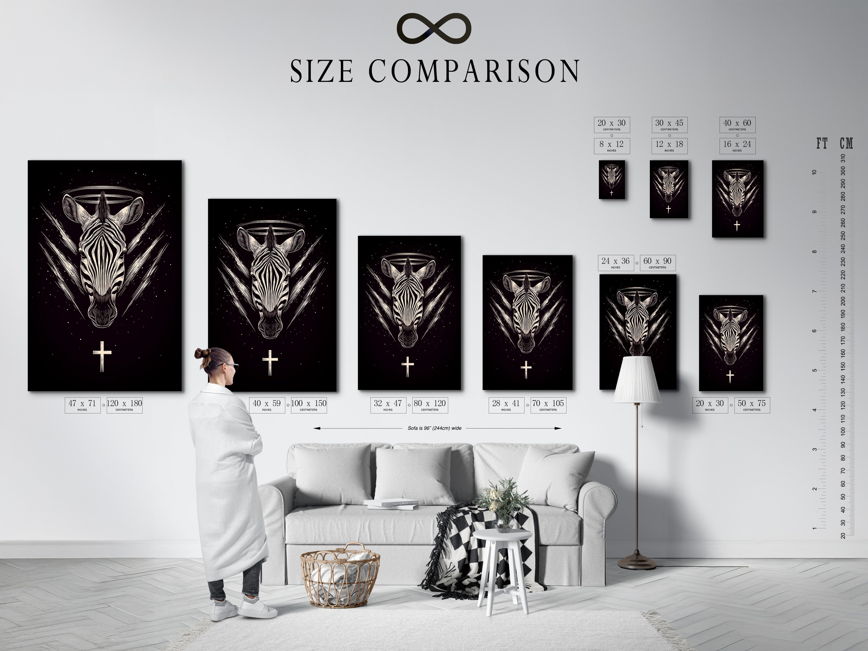 Size comparison chart displayed in an interior setting showcasing the Zebra Celestial artwork. See how this gothic animal art fits in your home. Choose the perfect size for your bedroom wall art. Explore the options for dark wall decor.