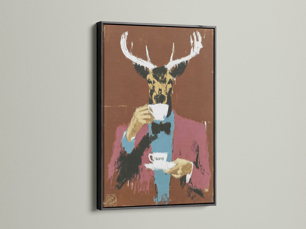 The black frame enhances the Deer Gentleman canvas art. Ideal for modern wall art in minimalist or industrial settings. This animal portrait art adds sophistication to your space. Discover the charm of this quirky wall decor. Perfect for those seeking unique wall art or a distinctive animal canvas print.
