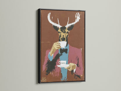 The black frame enhances the Deer Gentleman canvas art. Ideal for modern wall art in minimalist or industrial settings. This animal portrait art adds sophistication to your space. Discover the charm of this quirky wall decor. Perfect for those seeking unique wall art or a distinctive animal canvas print.
