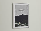 UFO Sci-Fi art print in a white frame. This space wall decor brings a contemporary style to your space. This retro Sci-Fi art is perfect for studios lobbies clinics and boardrooms. This art is out of this world.
