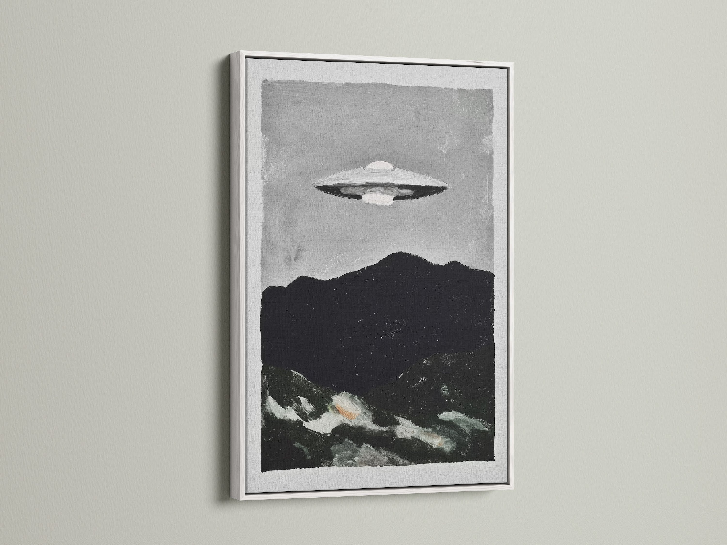 UFO Sci-Fi art print in a white frame. This space wall decor brings a contemporary style to your space. This retro Sci-Fi art is perfect for studios lobbies clinics and boardrooms. This art is out of this world.