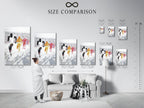 Size comparison chart in an interior setting. See how the Marathon Runners artwork fits in a room. Visualize the impact of this sports wall decor. Choose the perfect size for your living room or home gym.