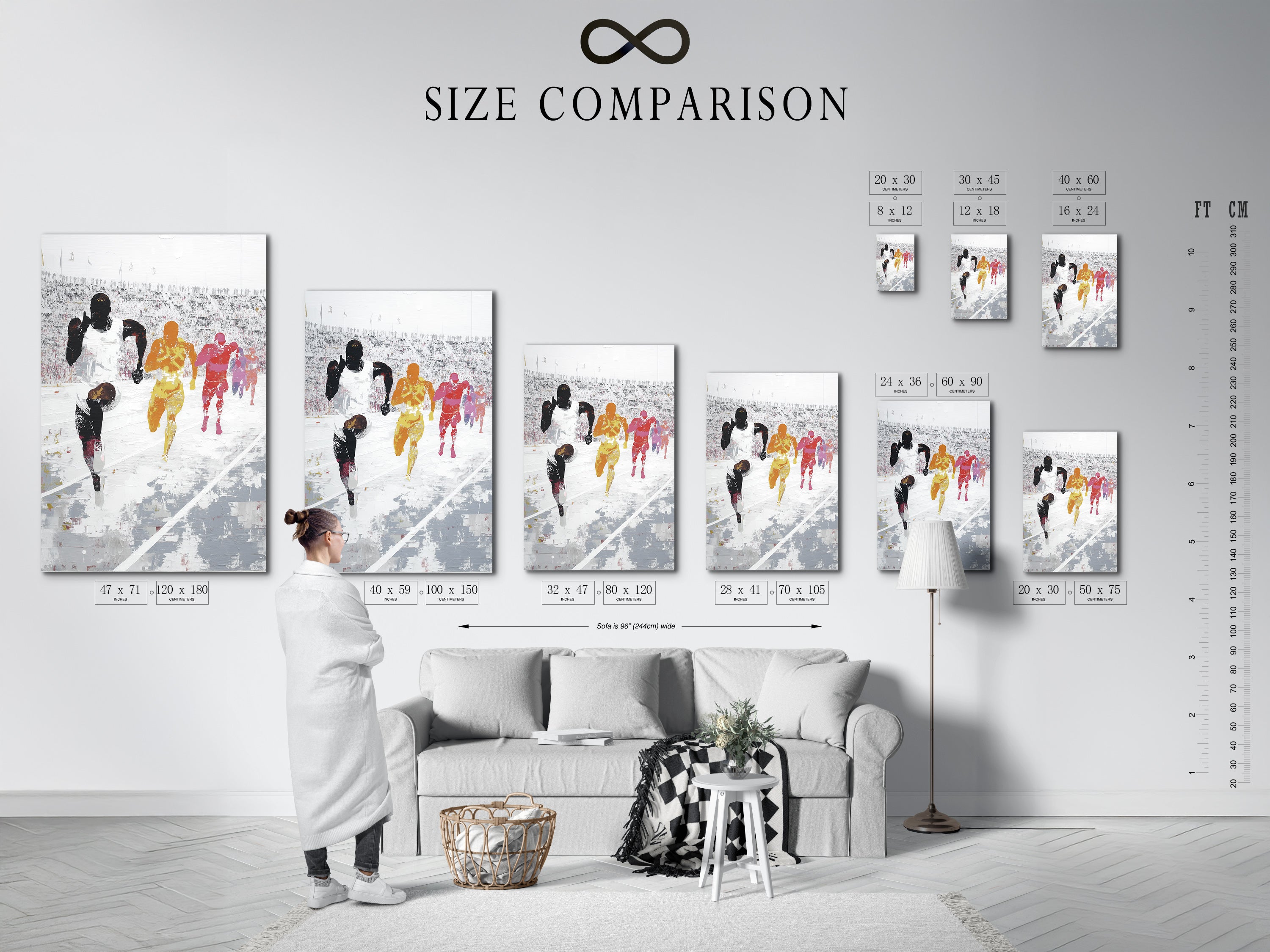 Size comparison chart in an interior setting. See how the Marathon Runners artwork fits in a room. Visualize the impact of this sports wall decor. Choose the perfect size for your living room or home gym.