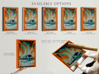 Available options include a stretched canvas print fine art poster paper and a floating frame. These options showcase Aurora Borealis artwork. Enjoy Nordic landscape wall art with an open window view. Teal and orange colors enhance modern decor.
