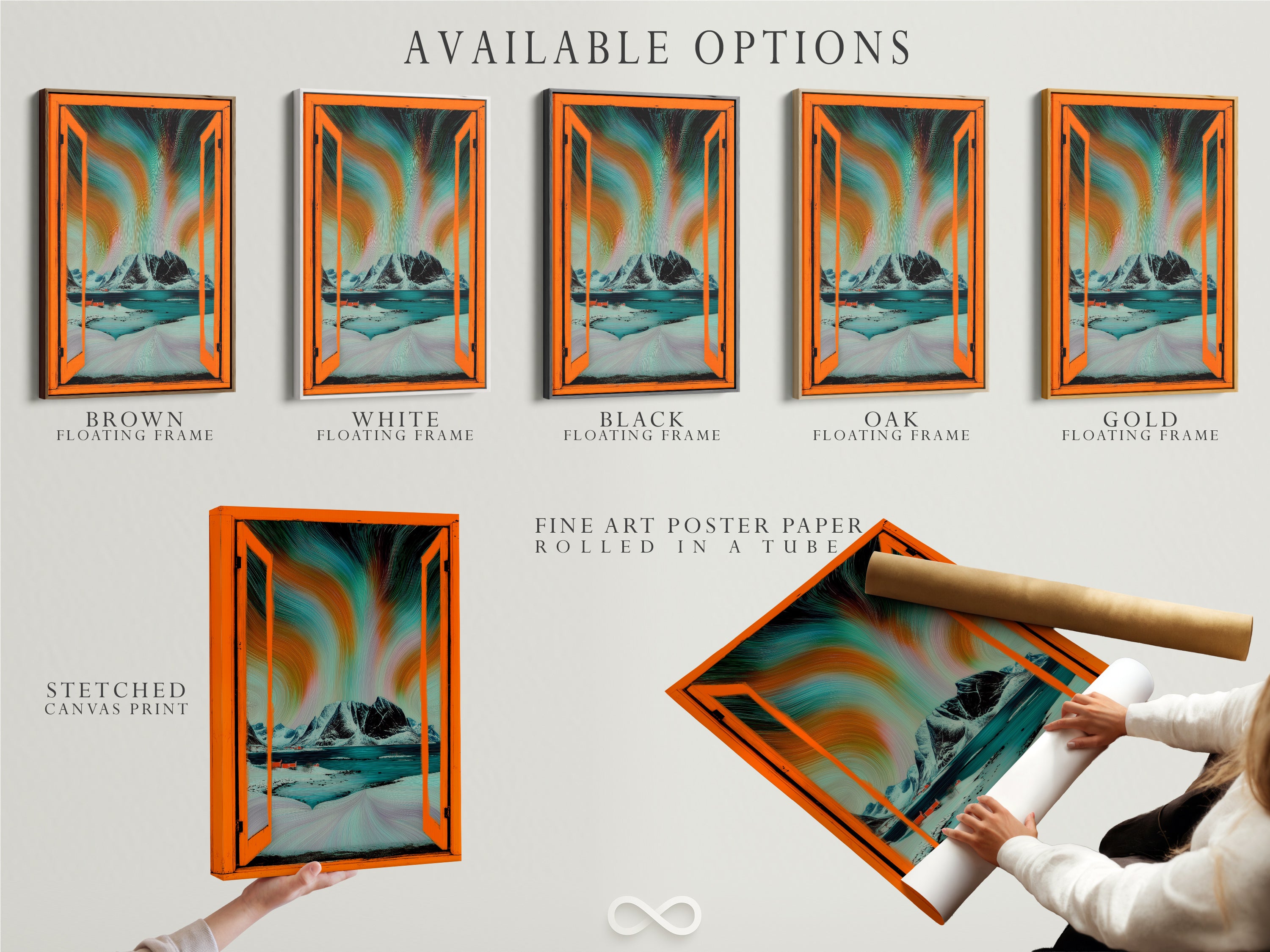Available options include a stretched canvas print fine art poster paper and a floating frame. These options showcase Aurora Borealis artwork. Enjoy Nordic landscape wall art with an open window view. Teal and orange colors enhance modern decor.