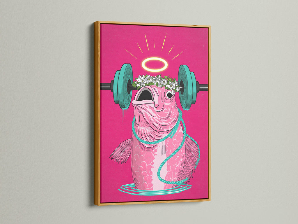 The Workout Fish Art Print is seen in a gold frame. Elevate your fitness decor with this eye-catching piece. It's a great conversation starter and a fun addition to any exercise room artwork collection.