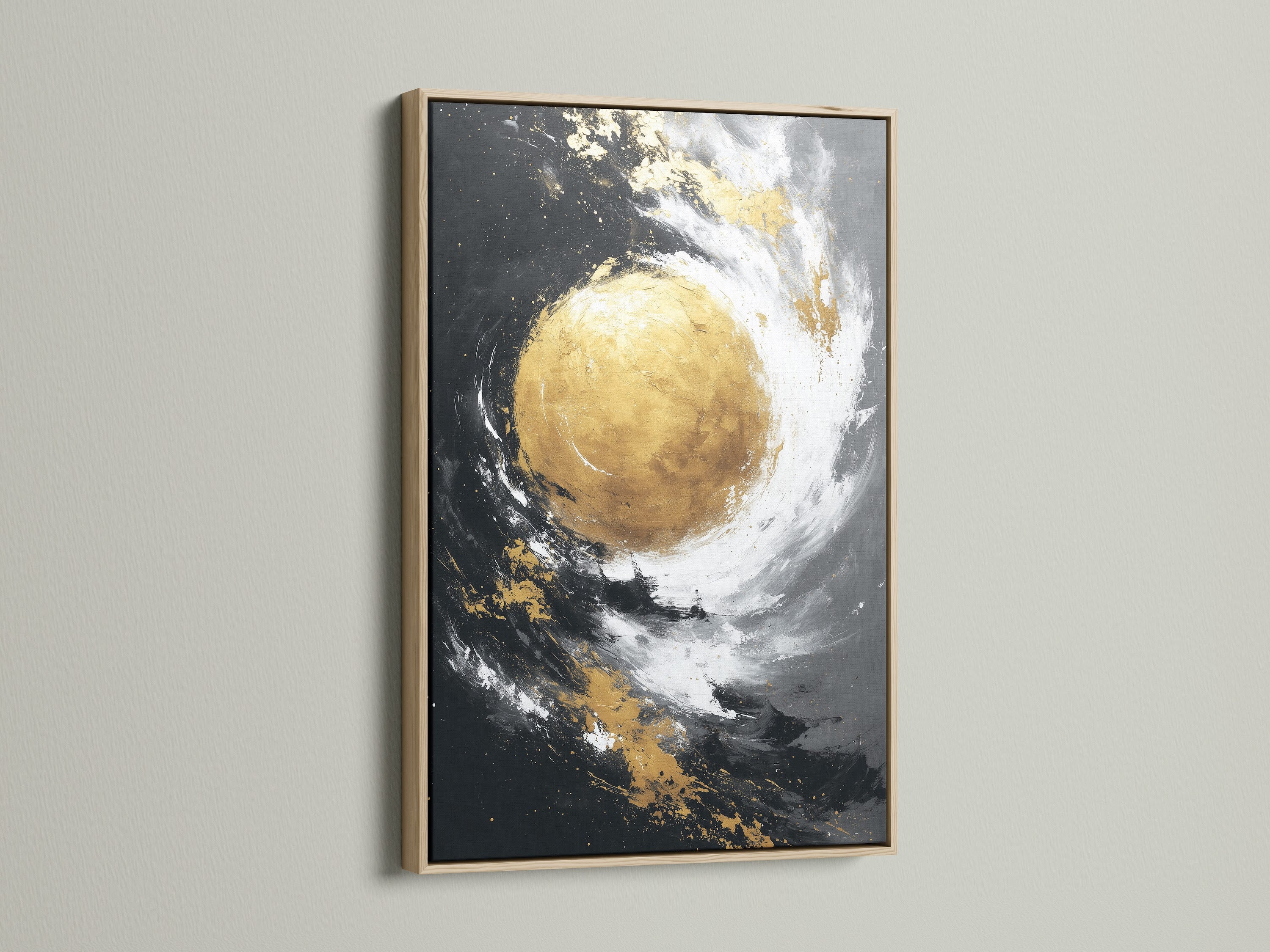 An oak frame art piece hangs elegantly. The oak frame enhances the artwork. This frame provides a natural and sophisticated look. This artwork is perfect for any space.
