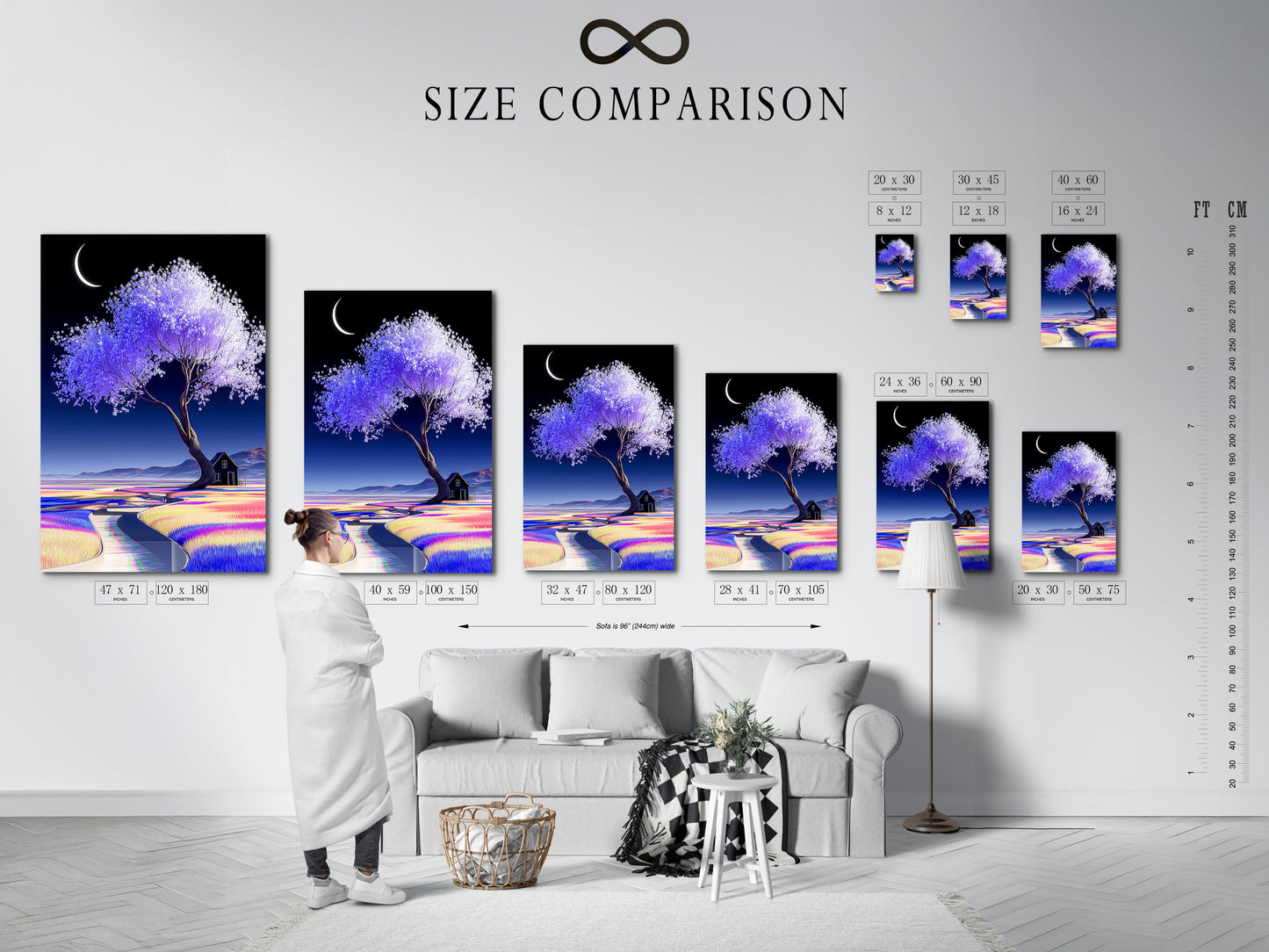 A size comparison chart is set in an interior setting. This chart shows how the lavender tree artwork fits various spaces. Visualize the pastel landscape in your home. The moon art print can enhance any room. This is perfect dreamy wall decor. Calming art print for serene ambiance.