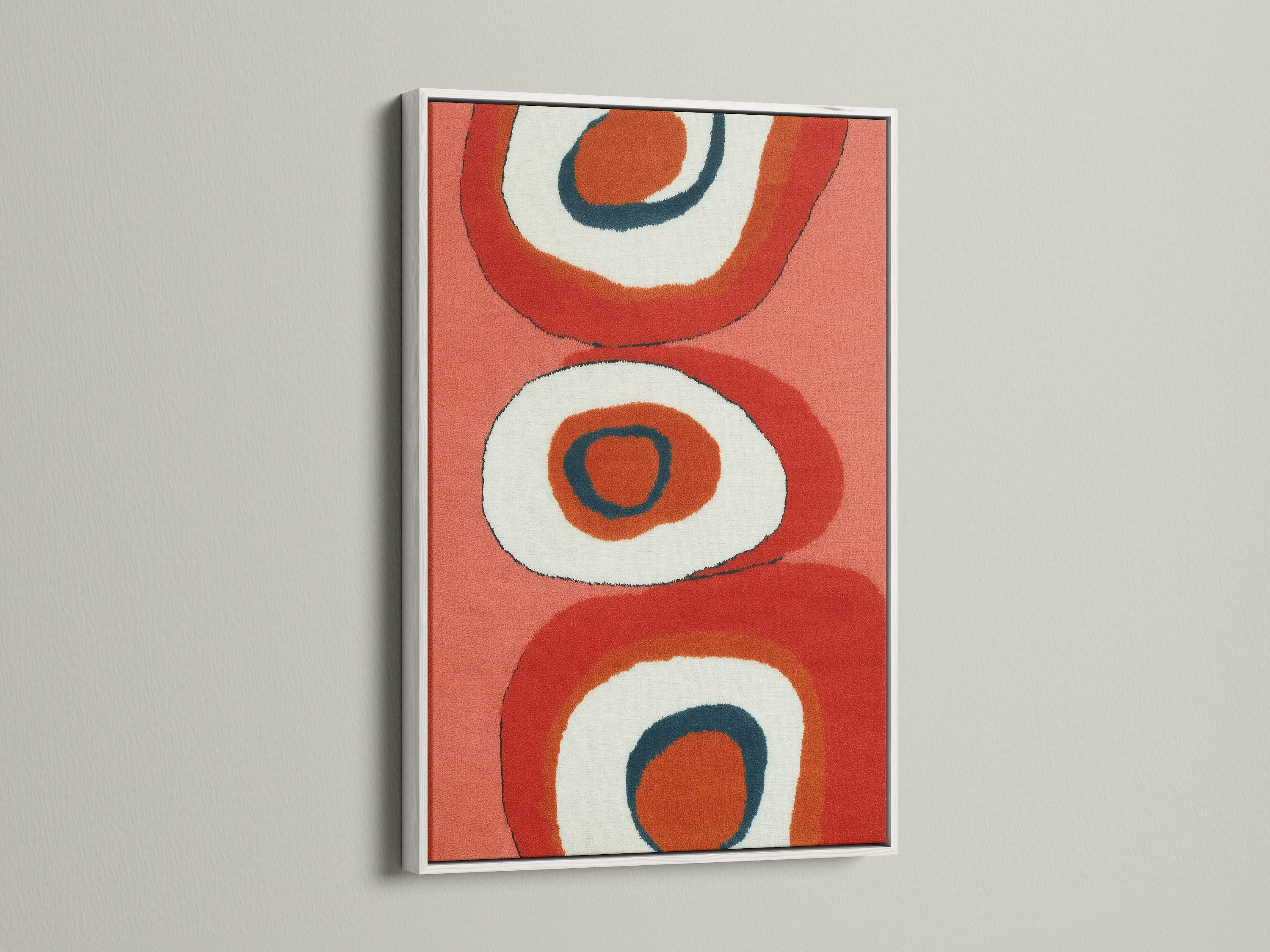 Brighten your home with this mid-century abstract canvas art in a clean white frame. The retro orange geometric print adds a pop of color. Perfect for creating a vintage modern atmosphere. A great choice for living rooms and offices.