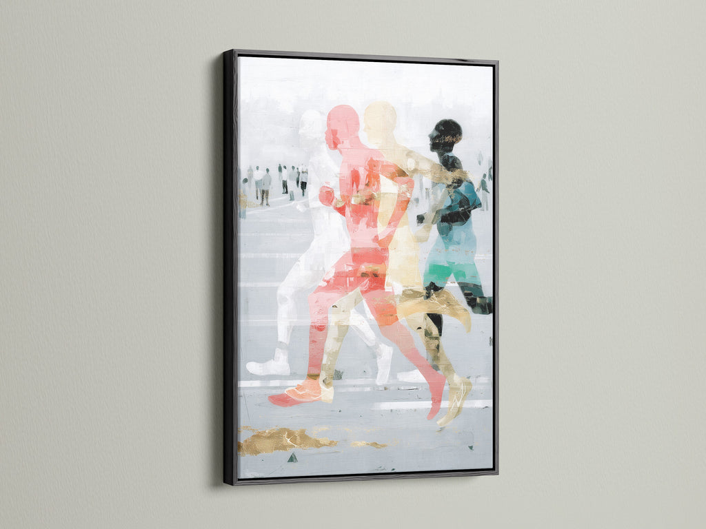Abstract Runners Art Print with a black frame. The sports wall decor piece adds a bold touch to any room. The figure art print features contemporary canvas elements. Ideal for those seeking modern wall art with athletic themes. Perfect for office wall art.