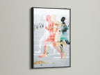 Abstract Runners Art Print with a black frame. The sports wall decor piece adds a bold touch to any room. The figure art print features contemporary canvas elements. Ideal for those seeking modern wall art with athletic themes. Perfect for office wall art.