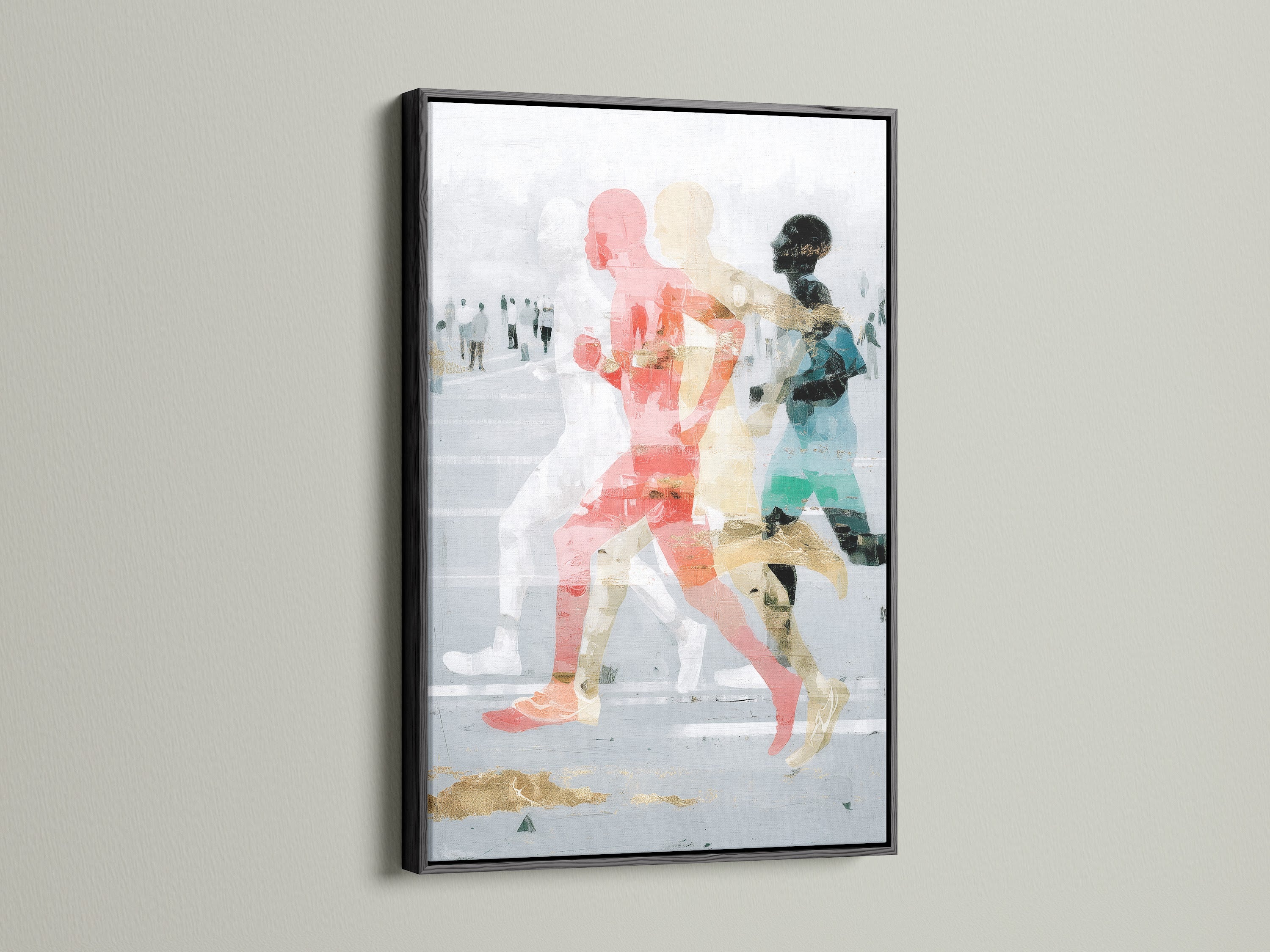 Abstract Runners Art Print with a black frame. The sports wall decor piece adds a bold touch to any room. The figure art print features contemporary canvas elements. Ideal for those seeking modern wall art with athletic themes. Perfect for office wall art.