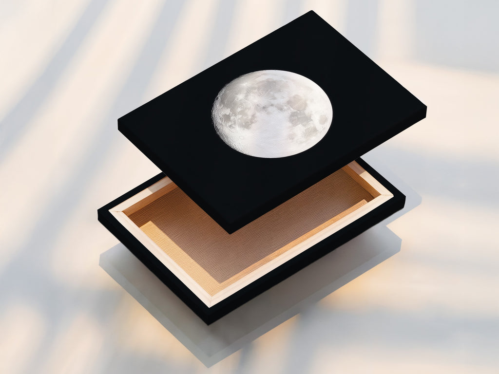 Stretched canvas print of Full Moon lunar phase artwork. Enhance your space with celestial art and astronomy decor. Add moon phase art to your walls. This is perfect space themed art for modern homes. This is a beautiful astrology gift. Enjoy a night sky print everyday. This is a stunning piece of full moon artwork and celestial print.