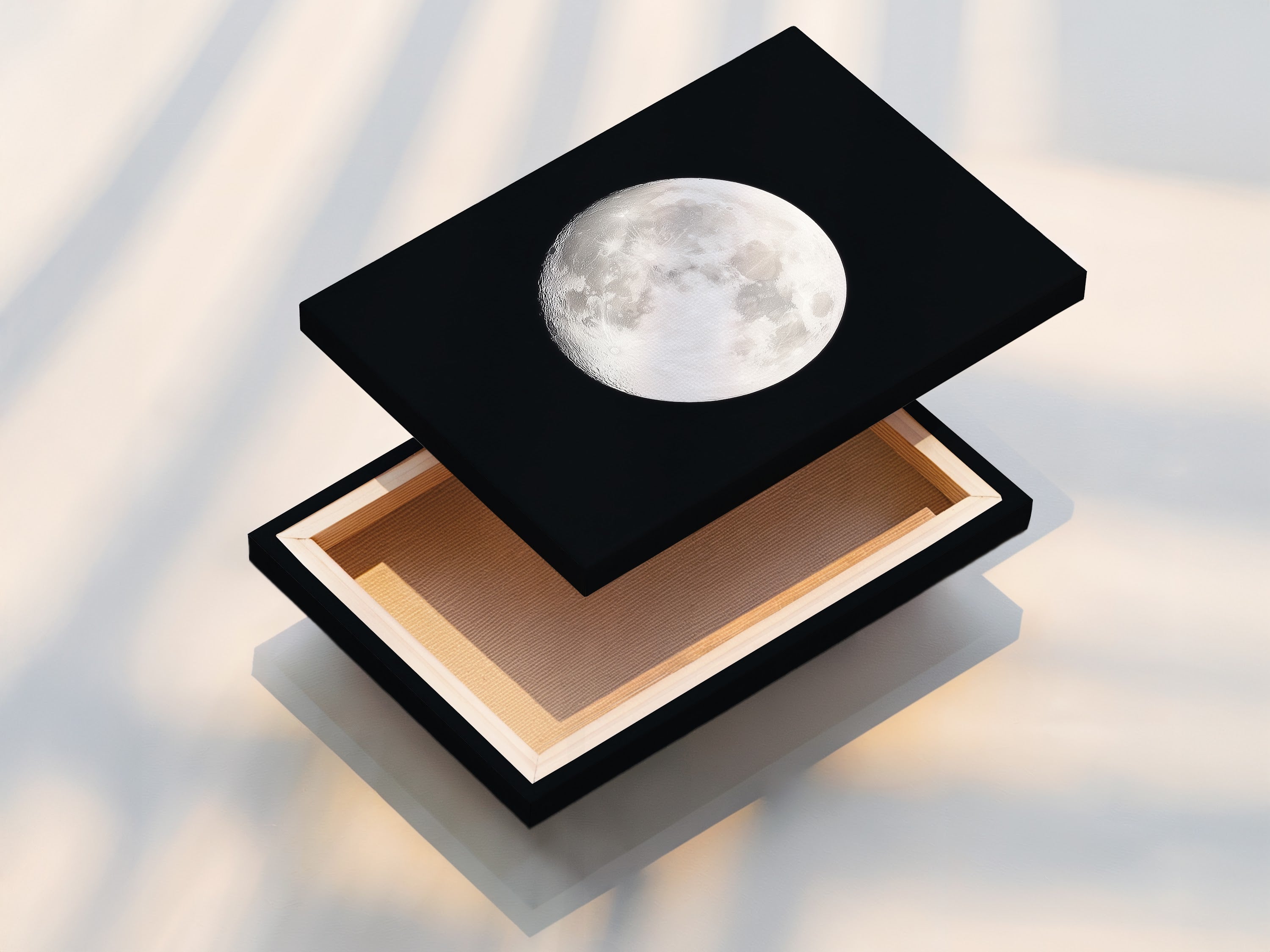 Stretched canvas print of Full Moon lunar phase artwork. Enhance your space with celestial art and astronomy decor. Add moon phase art to your walls. This is perfect space themed art for modern homes. This is a beautiful astrology gift. Enjoy a night sky print everyday. This is a stunning piece of full moon artwork and celestial print.