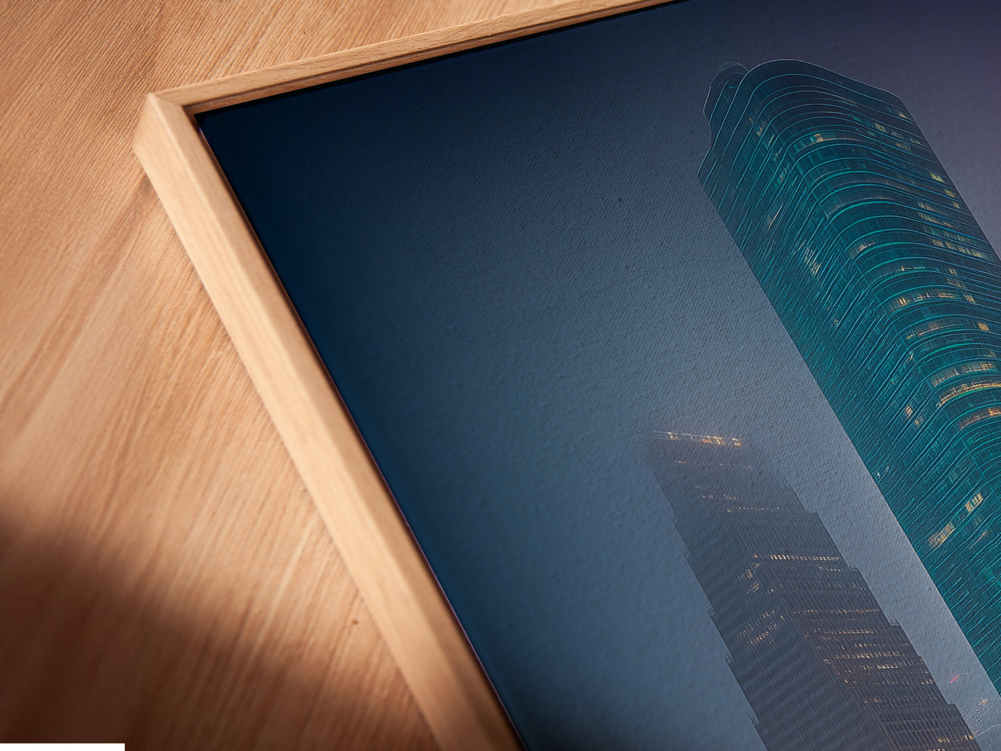 Close up of a canvas print in a floating frame. The cityscape artwork features teal and orange hues. This modern urban art is perfect for any contemporary space. The floating frame adds a touch of elegance and sophistication to the piece