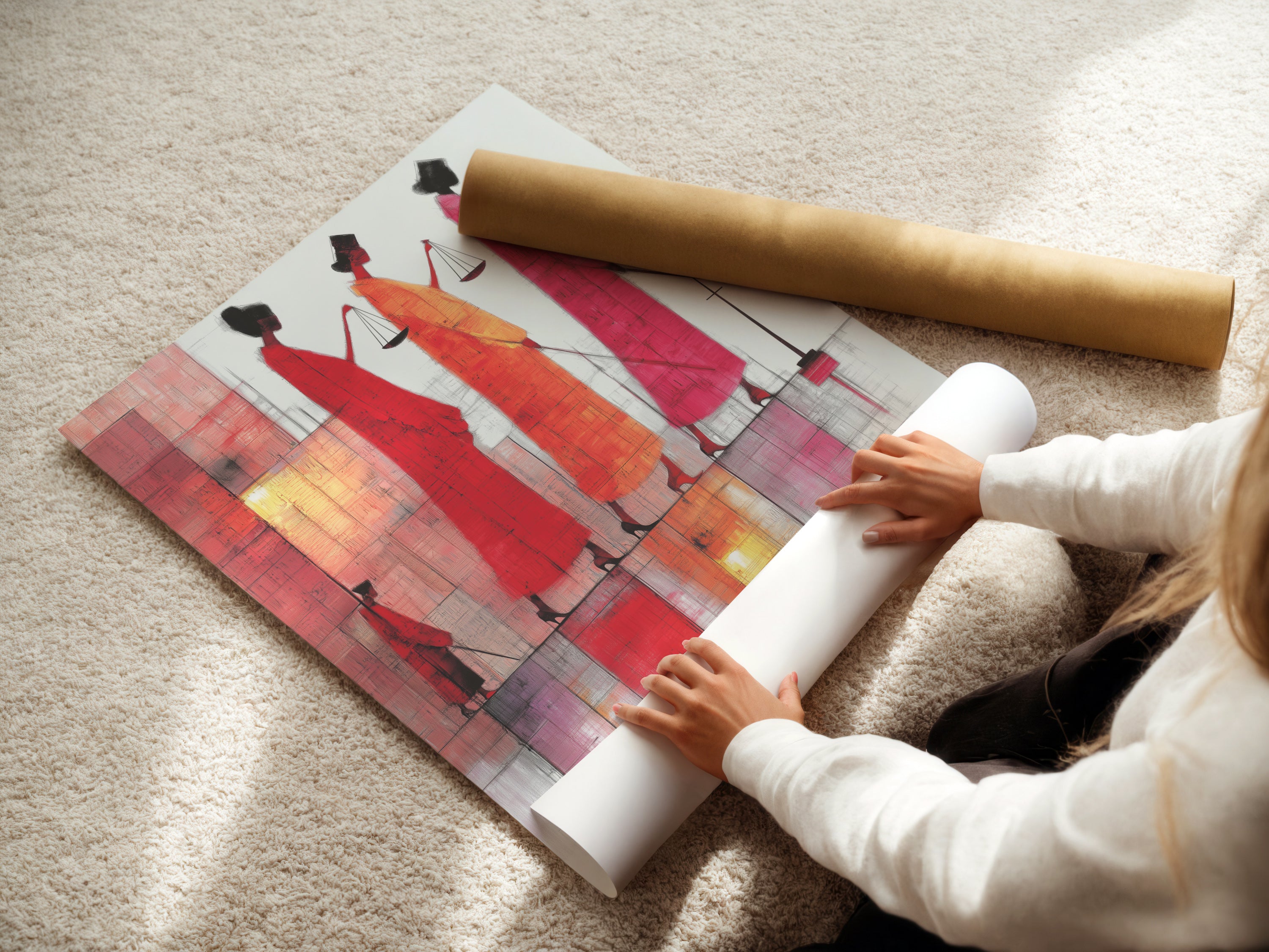 A woman carefully rolls a fine art poster paper of the Justice Scales artwork. The poster paper captures the artwork's detail. It is a versatile option for displaying this legal themed art. Perfect for any space.