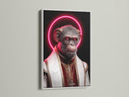 A 'Pope Monkey' art print is showcased in a white frame. This religious art print features a neon halo. It offers a clean modern look for any room. The white frame complements the black and red colors. This is perfect for modern wall decor.