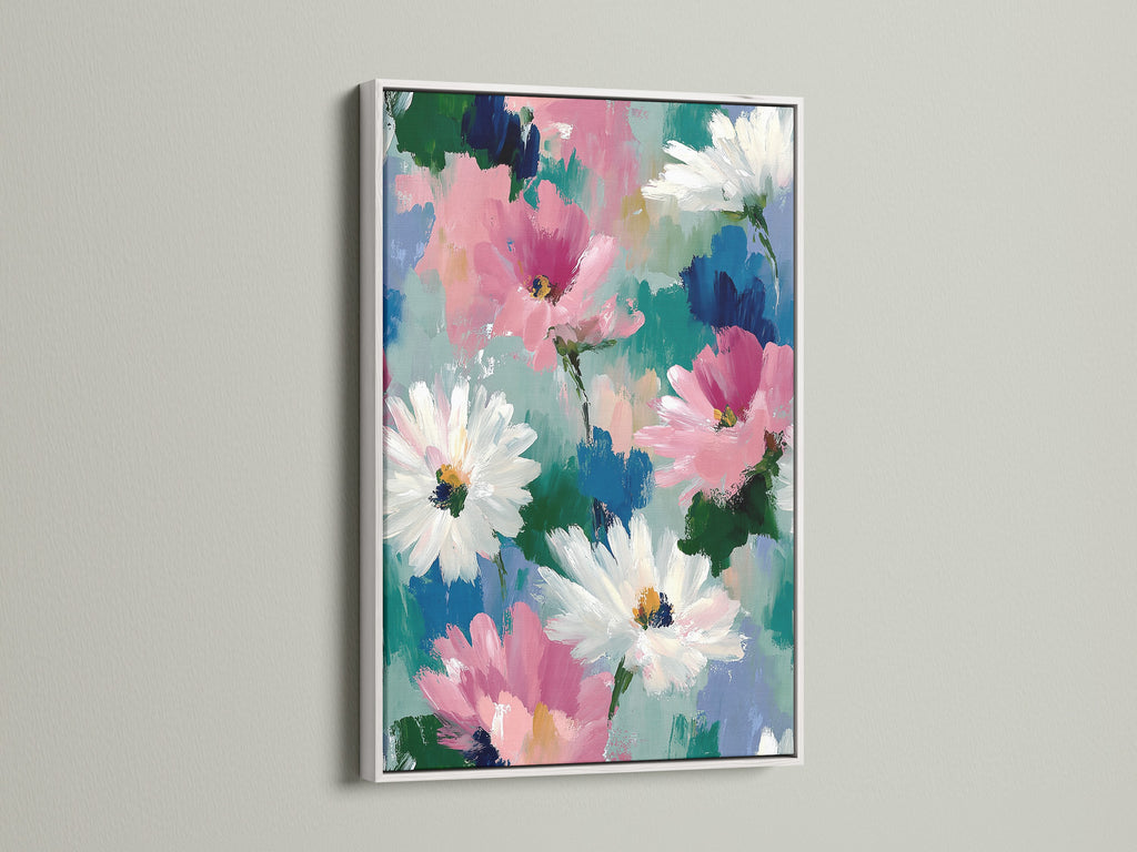 Brighten your walls with this abstract floral artwork. The daisy artwork is framed in a clean white frame. This modern botanical canvas is ideal for creating a fresh spring atmosphere. This artwork will transform your bedroom decor or nursery floral art.