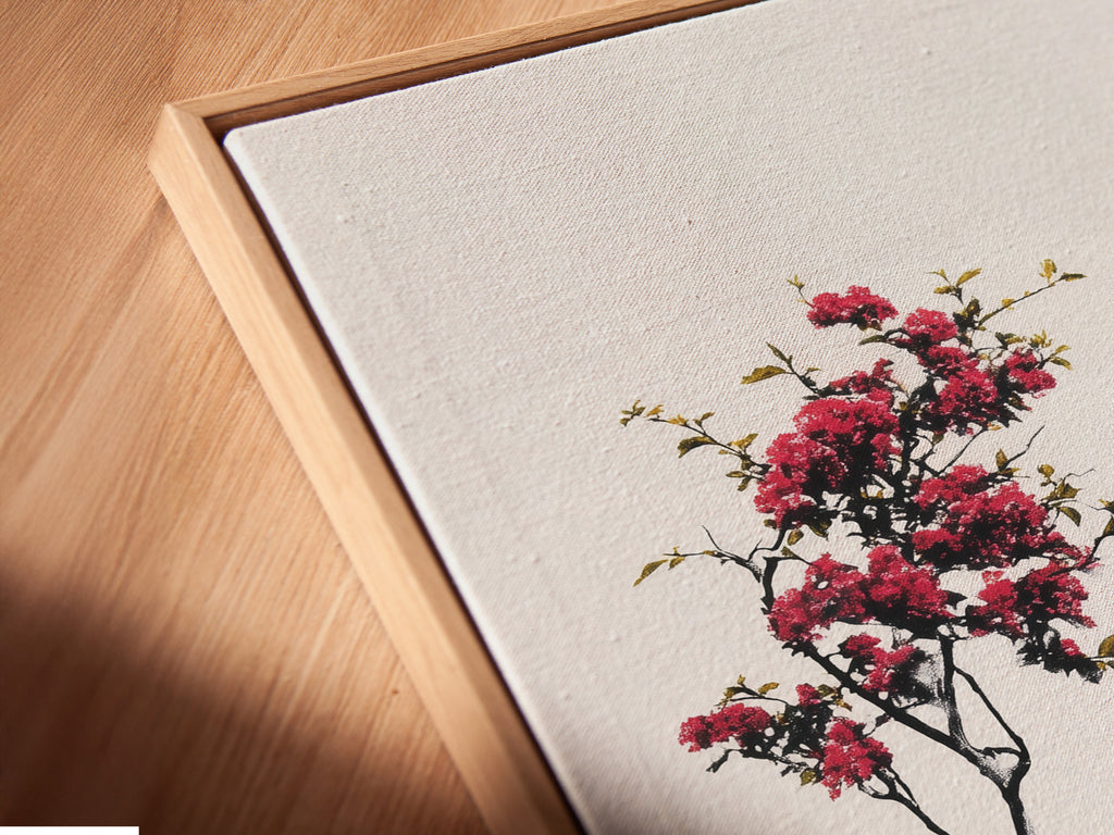 Angled close up view of canvas print in floating frame. The floating frame gives the illusion of art suspended in air. It adds depth and dimension to canvas prints. A modern stylish framing option. Showcase your art uniquely.