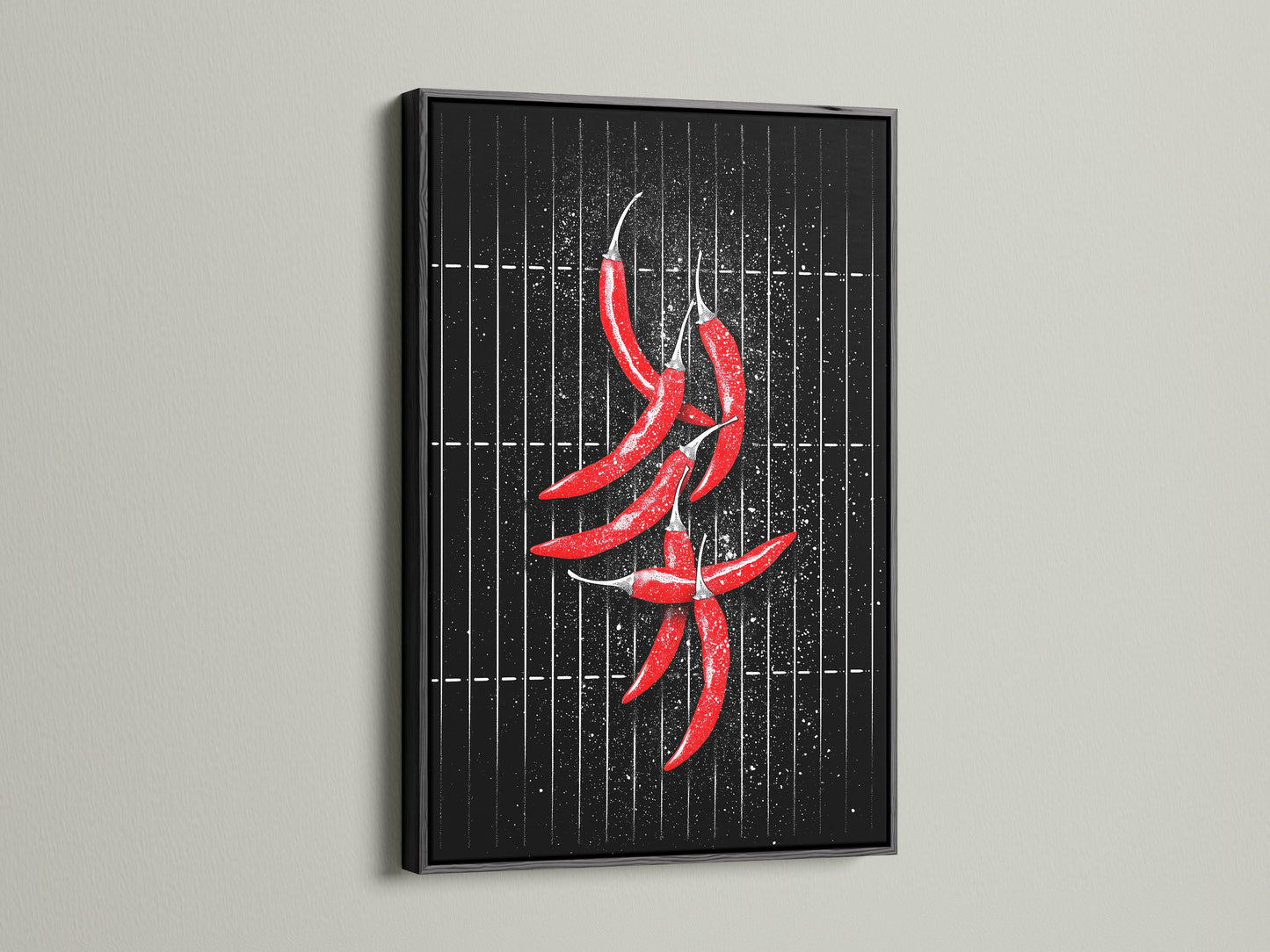 A black frame highlights this striking chili pepper artwork. Ideal for minimalist modern kitchens. This red chili print makes a bold statement in any dining room. Discover more spicy food art.