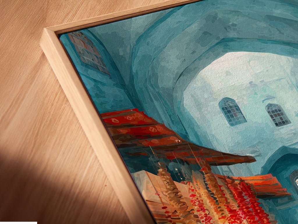Close-up angled view of a canvas print in a floating frame. The Spice Market artwork features teal and red tones. The floating frame gives a modern gallery feel. Perfect for any room.