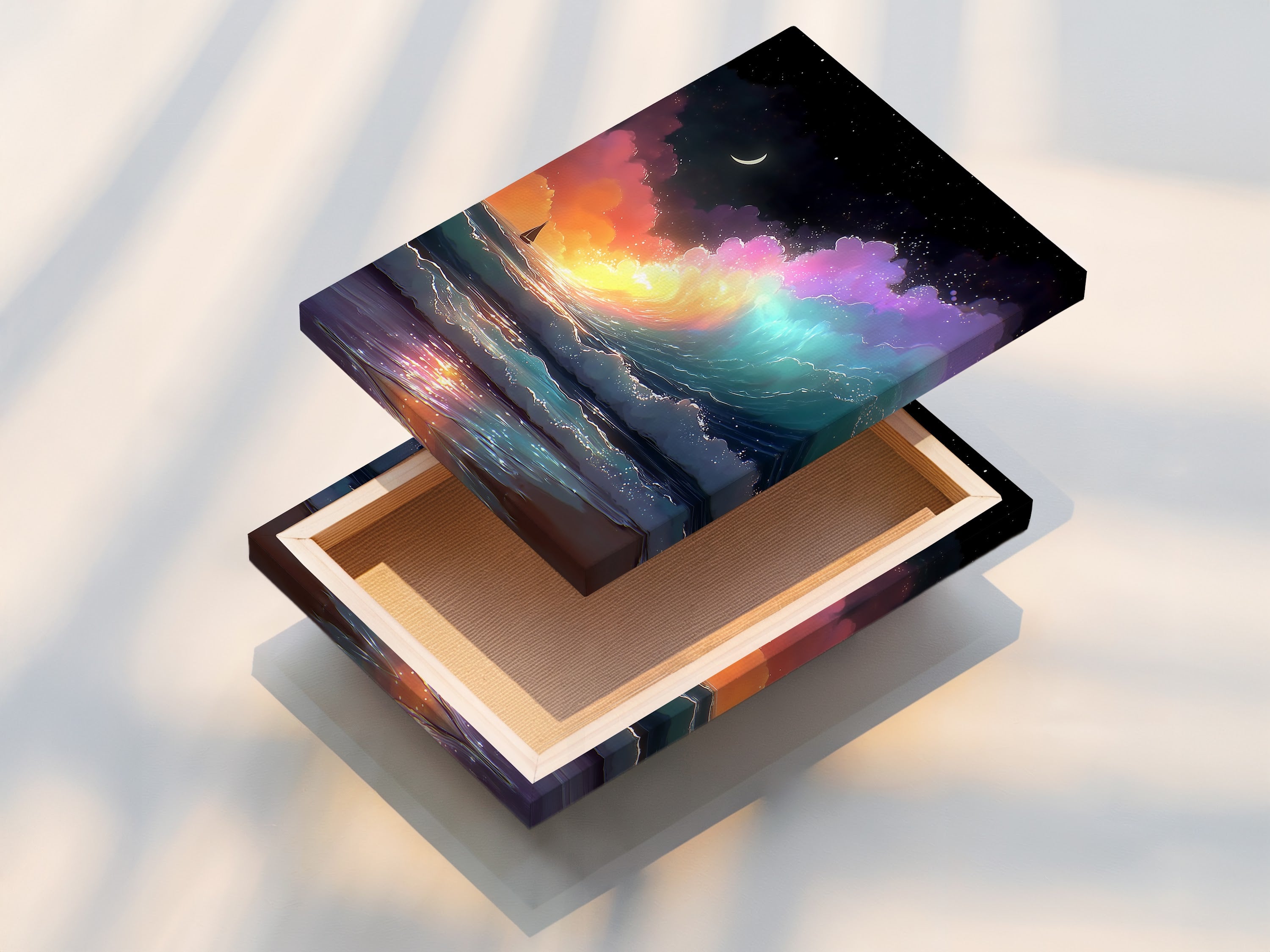 A stretched canvas print of an ocean wave artwork is displayed. The artwork includes a pastel sky. A nautical sailboat adds a coastal element. This artwork is ideal for beach houses. Perfect for vacation rentals.