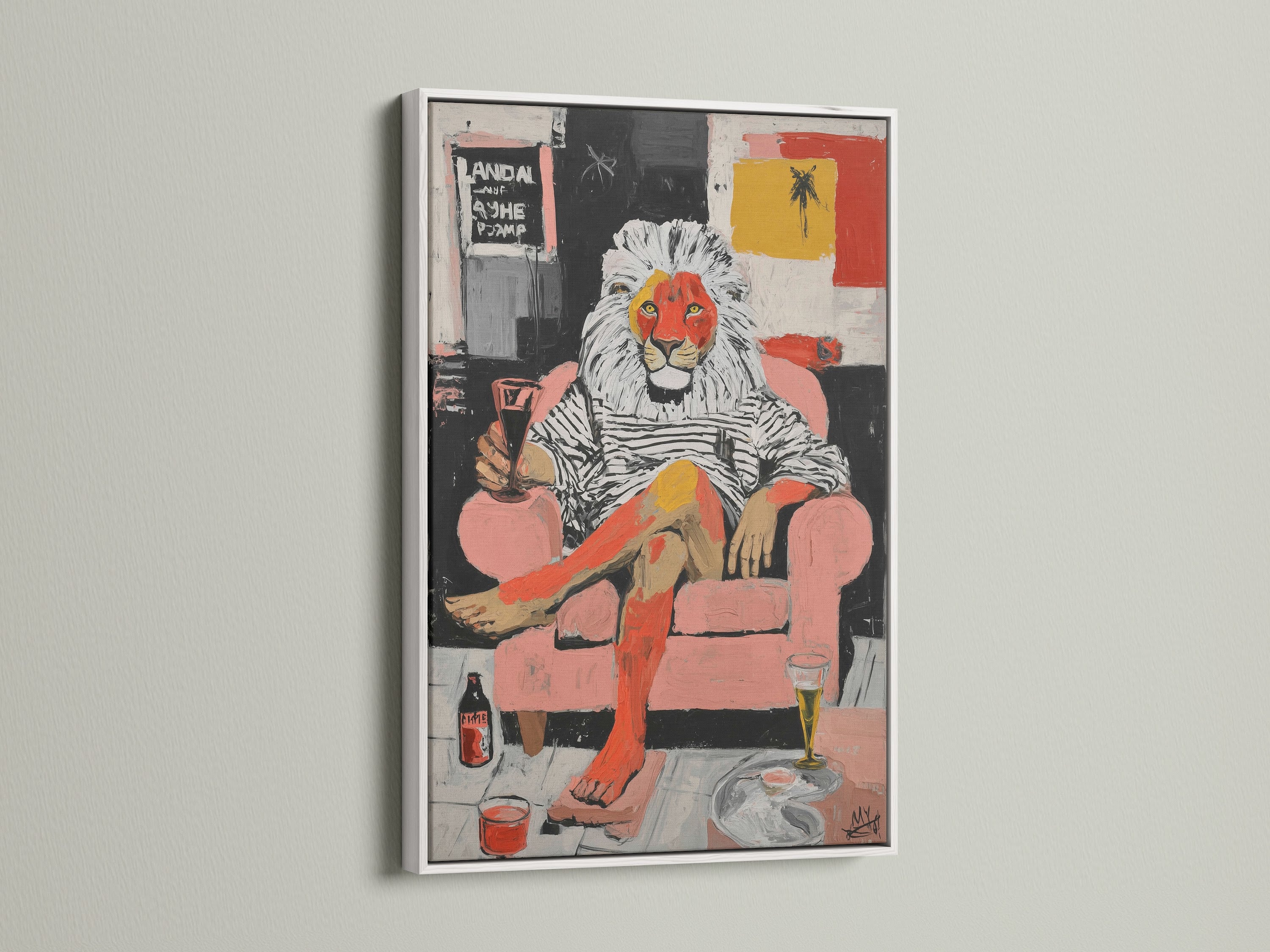 This surreal lion artwork is showcased in a sleek white frame. The contemporary print features bold red and black hues. It is a perfect statement piece for modern art lovers. This unique wall art is a conversation starter.