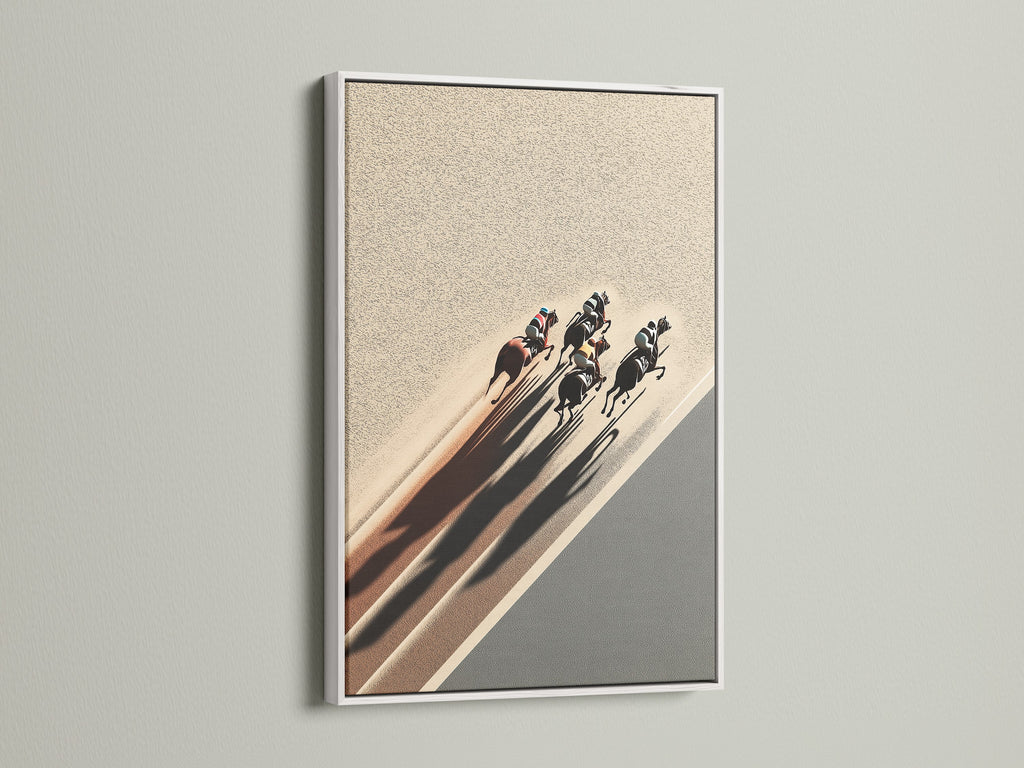 Brighten your walls with our horse racing art. This equestrian artwork is framed in white. It's a striking sport canvas print. Ideal for office wall art or a thoughtful horse lover gift. Pure elegance.
