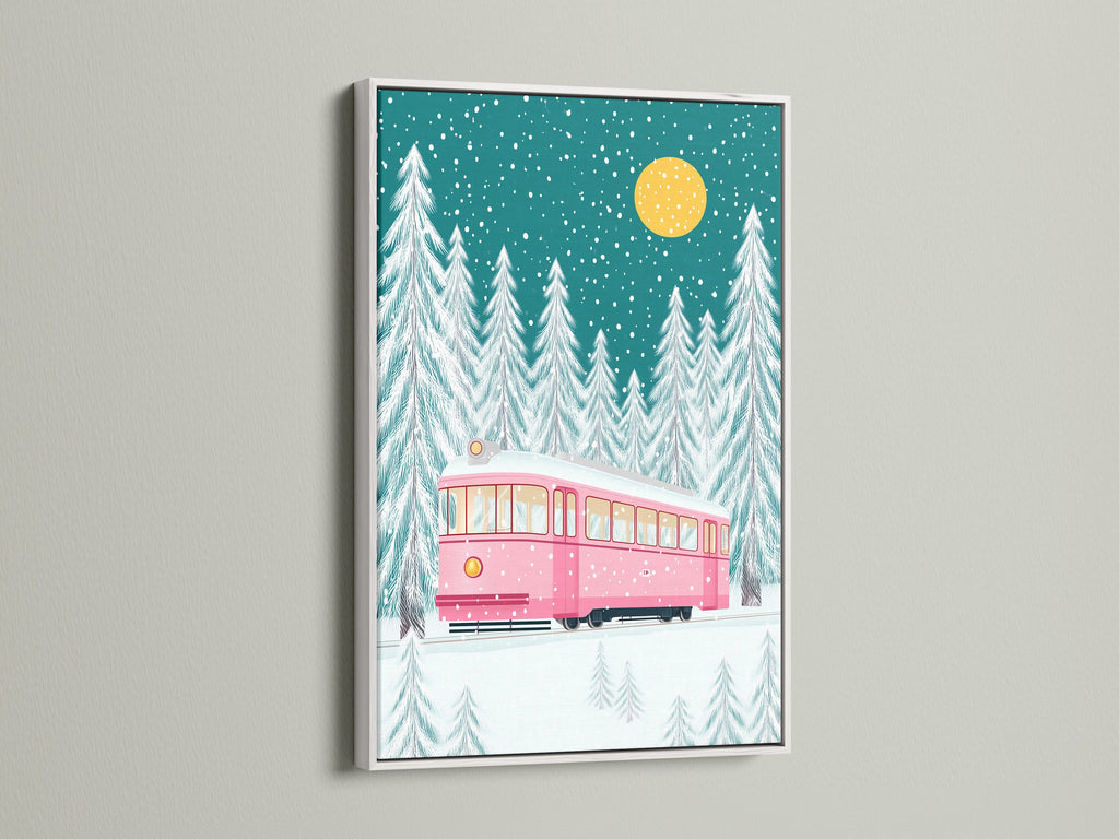 Delightful winter artwork featuring a pink train amidst a snowy forest. The artwork is presented in a clean white frame. This piece adds a touch of whimsy to your holiday decor. It is perfect for kids' rooms or as a festive gift.