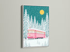 Delightful winter artwork featuring a pink train amidst a snowy forest. The artwork is presented in a clean white frame. This piece adds a touch of whimsy to your holiday decor. It is perfect for kids' rooms or as a festive gift.