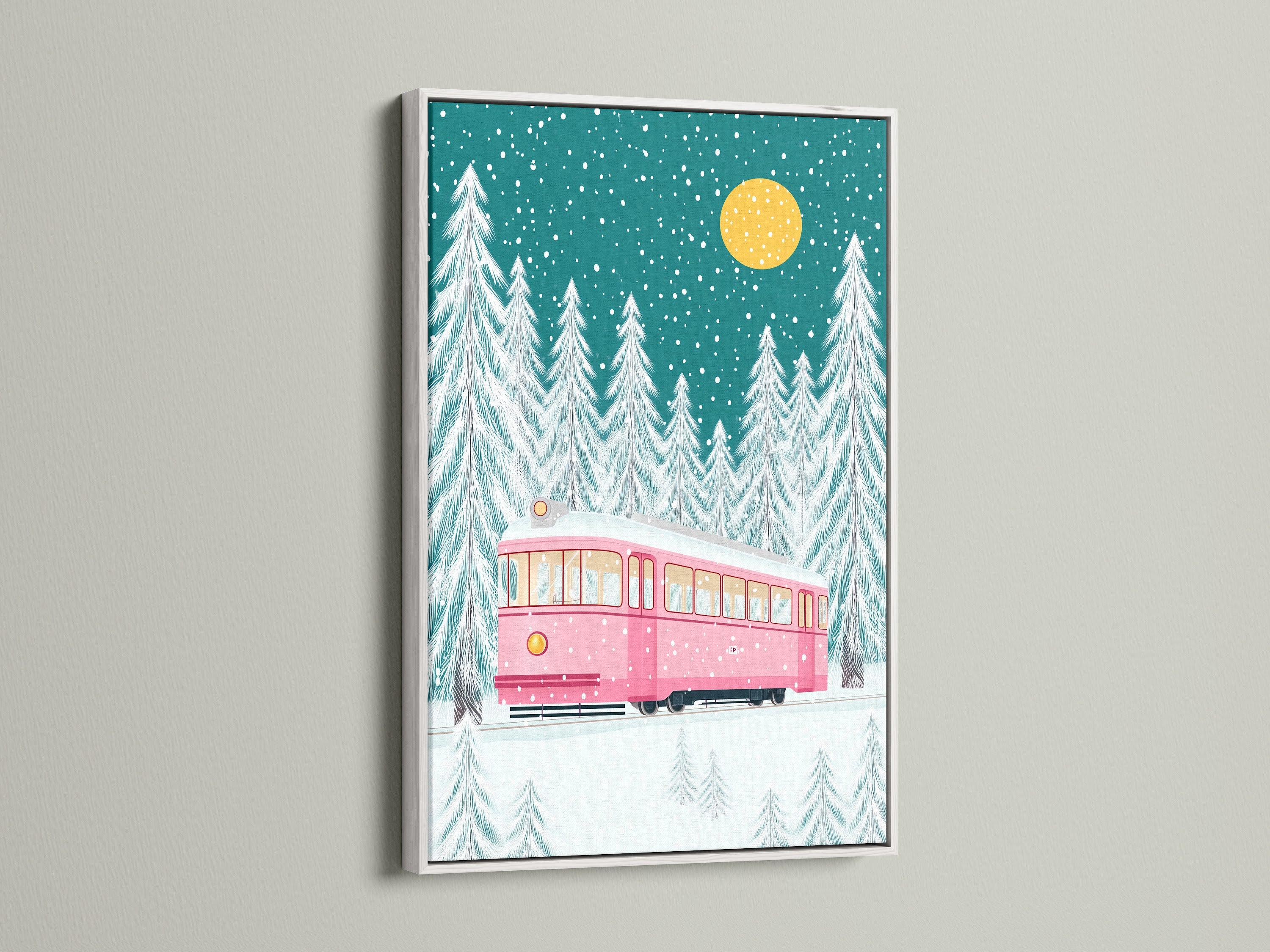 Delightful winter artwork featuring a pink train amidst a snowy forest. The artwork is presented in a clean white frame. This piece adds a touch of whimsy to your holiday decor. It is perfect for kids' rooms or as a festive gift.