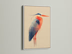 A white frame highlights the heron artwork. This bird canvas print looks stunning in a clean white frame. Renters will love this fresh coastal wall art option. This frame style fits any modern nature art. The white frame brightens up your office decor.