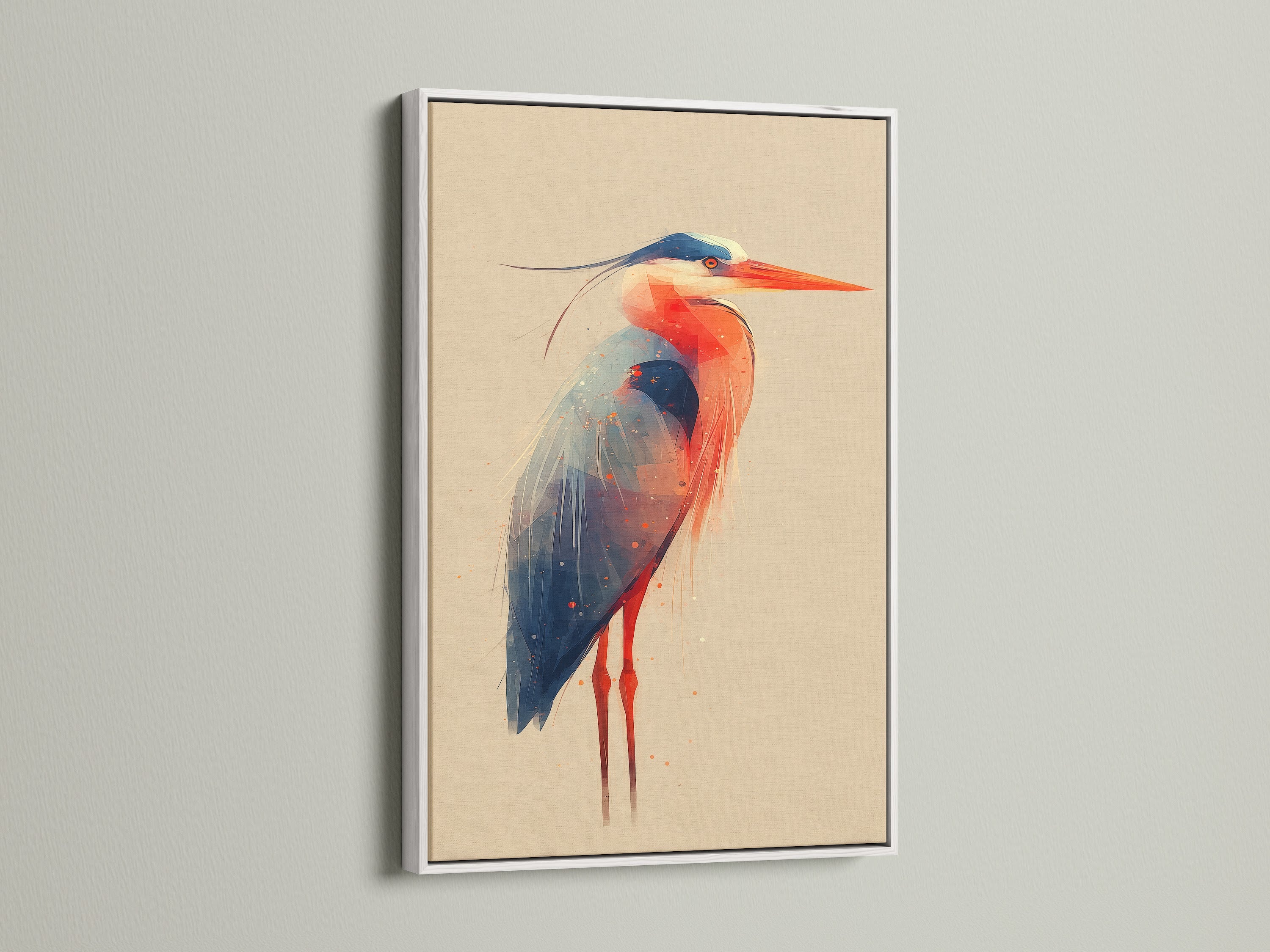 A white frame highlights the heron artwork. This bird canvas print looks stunning in a clean white frame. Renters will love this fresh coastal wall art option. This frame style fits any modern nature art. The white frame brightens up your office decor.