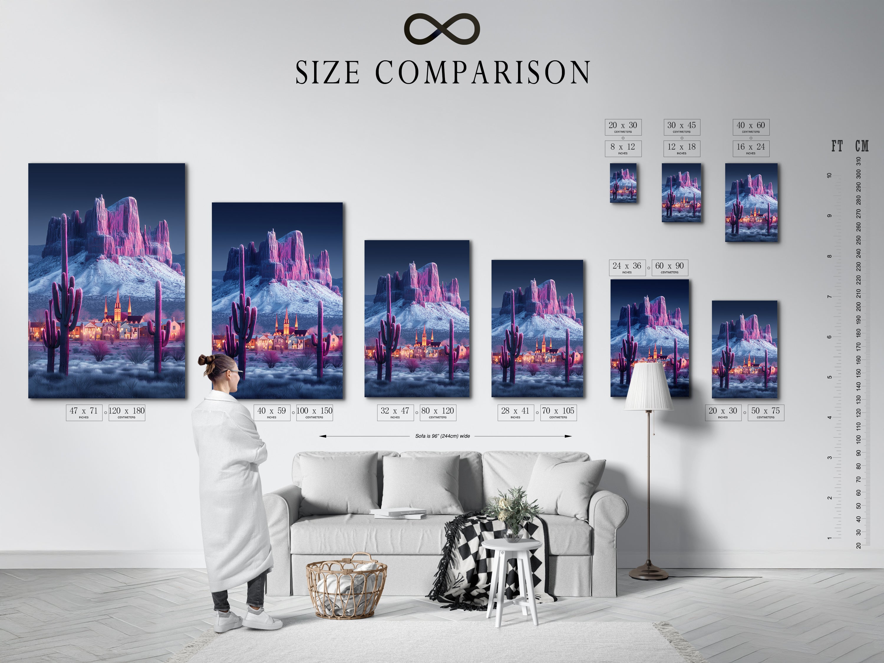 A size comparison chart displays the desert mountain canvas print in an interior setting. See how different sizes fit in your space. Visualize the impact of this pink cactus wall art. It will transform your living room or office.