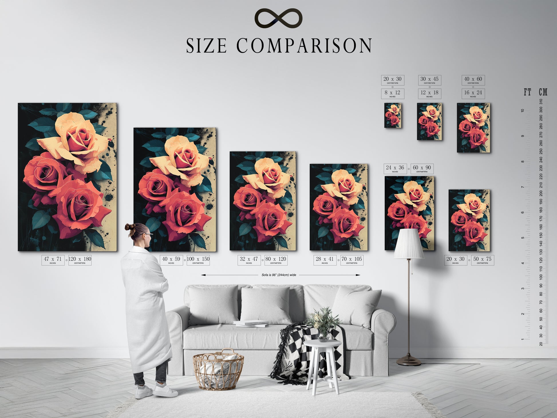 A size comparison chart is displayed in a stylish interior. It helps visualize artwork dimensions in a room. Choose the perfect size for your space. Ensure your floral art complements your decor. A size comparison chart is essential